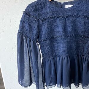 See by Chloe|Sheer Sleeve Peplum Ruffle, Slightly Cropped Top•••Navy, Size small